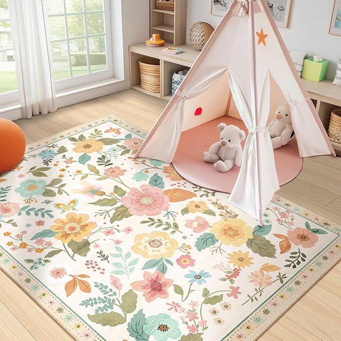 RELEANY Floral Nursery 3x5 Area Rugs Washable Print Boho Cute Carpet Non Slip Flower Low Pile for Living Room Kids Girls Playroom Bedroom Kitchen Office Farmhouse-Beige/White/Orange