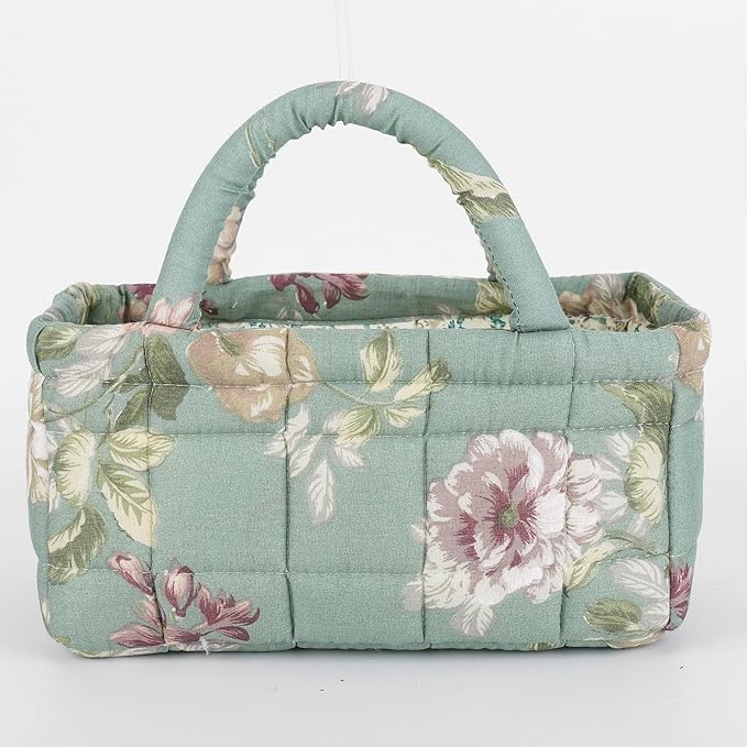2Pcs Small Storage Basket Organizer, Mini Quilted Fabric Basket with Handle, Collapsible Storage Bin for Socks, Keys, Diapers