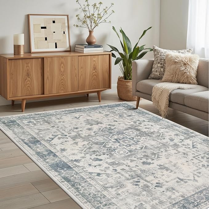 Rugxara Washable Area Rug for Living Room, Neutral Vintage Boho Rugs for Office, Dining Room, Kids Room, Farmhouse, Durable Low Pile Non Slip Carpet for High Traffic Areas, Light Blue Grey(4x6 ft)