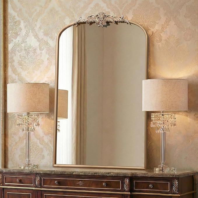 Besdomus Large Antique Wall Mirror: 24"x36" French Arched Champagne Gold Vintage Vanity Wall Mounted Mirror - Traditional Ornate Home Decor for Entryway/Bedroom/Bathroom - Baroque Idea for Housewife