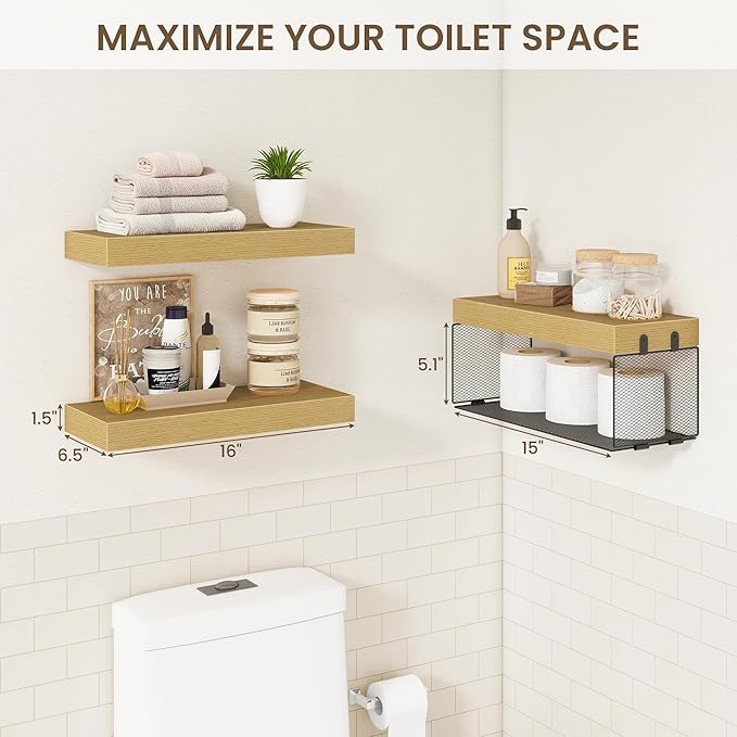 Acovy Bathroom Floating Shelves for Wall,16 inch Wall Mounted Floating Shelf Toilet Organizer and Storage,Small Farmhouse Decor Shelf,Oak,Set of 3