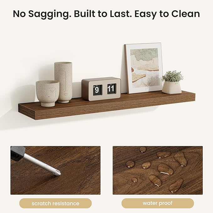 Fun Memories Rustic Wood Floating Shelves for Wall, Space-Saving Wall Mounted Shelves for Bathroom, Bedroom, Living Room and Kitchen, Stylish Storage & Display (Set of 2, Walnut, 36 in)