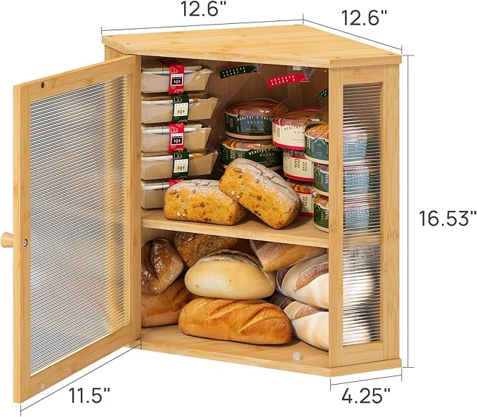 viewcare Corner Bread Box for Kitchen Counter, Bamboo Wood Large Capacity Bread Storage Bin with Acrylic Wavy Door Panel (Natural, Extra Large)