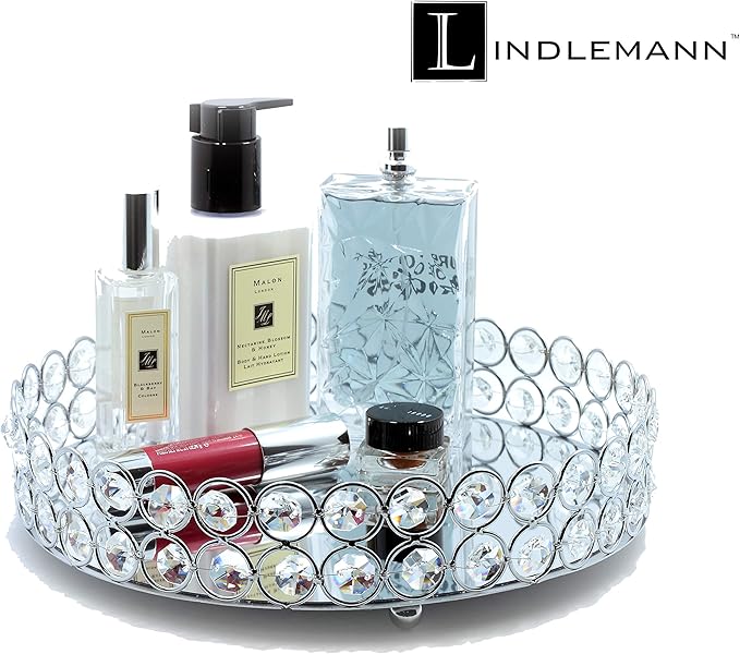 Crystal Decorative Tray Metal Mirrored Perfume Cosmetic Organizer Jewelry Trinket Display Storage Vanity Trays Home Décor Accents Luxury Gift (Round, 10in, Silver)