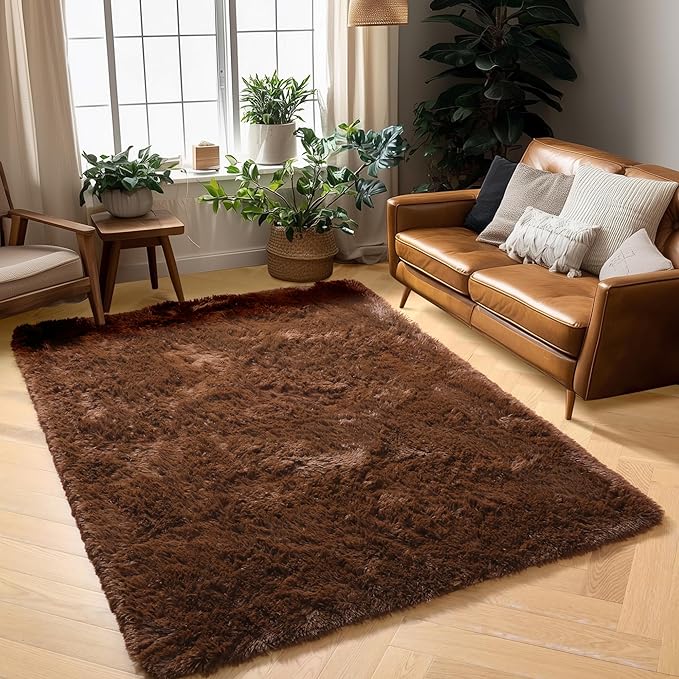 Amdrebio Dark Brown Area Rugs for Bedroom Living Room, Fluffy Shaggy Plush 4x6 Rug for Kids Room Decor Aesthetic, Modern Cool Fuzzy Furry Chocolate Coffee Carpet for Classroom Playroom Dorm Nursery
