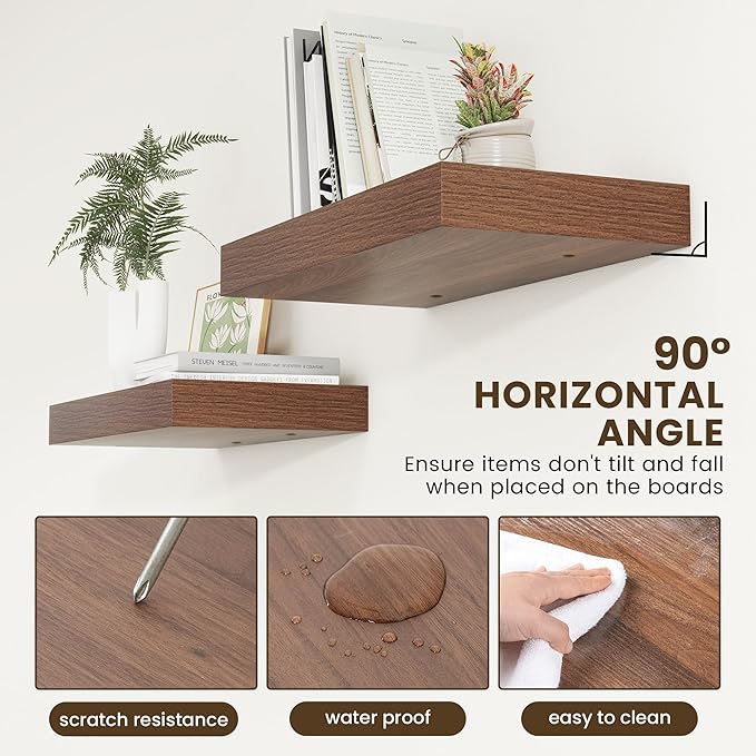 FLYJOE 12 Inch Deep Floating Shelves | 24 Inch Walnut Floating Shelves | 24" W x 12" D Rustic Wood Shelves for Wall | Deep Shelves for Living Room Bathroom Laundry Room Kitchen