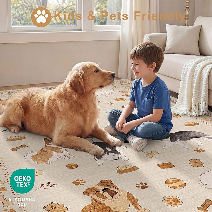 DUKINO 4x6 Area Rug, Non Slip Washable Rug for Living Room with Low Pile Design, Lightweight & Non Shedding Animal Dog Print Indoor Carpet for Bedroom, Dining Room, Kids Room, Office, Beige Yellow