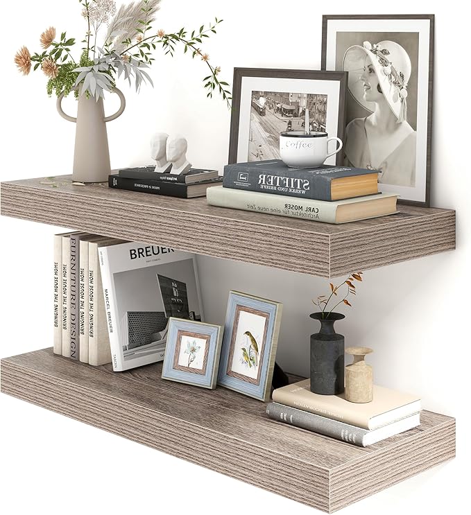 FLYJOE 30 Inch Floating Shelves | 12 Inch Deep Grey Floating Shelves Set of 2 | 30" W x 12" D Rustic Wood Shelves for Wall | Deep Grey Shelves for Living Room Bathroom Laundry Room Kitchen
