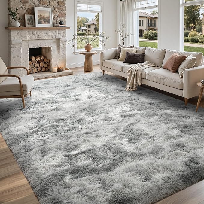 5x8 ft Rug for Living Room Fluffy Grey White Shag Rug Non-Slip Area Rugs Carpet for Bedroom Nursery Kids PlayRoom Dorm Office Indoor Modern Plush Carpets