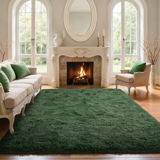 5x7 Green Area Rugs for Living Room Fluffy Shag Rug, Plush Bedroom Grass Carpet for Kids Teens Indoor Classroom Home Decor Aesthetic