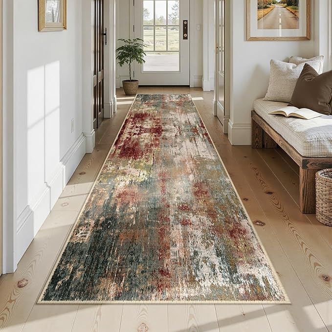 RELEANY Washable Area Rugs 3x12 Non-Slip Modern Abstract Soft for Living Room Entryway Bedroom Nursery, Print Pattern, Brown Rust Red Green Blue Multi