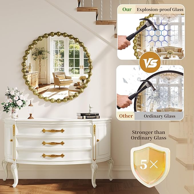 Round Vintage Vanity Mirror, 28 Inch Beaded Frame Circle Wall Mirror for Bathroom, Bedroom Dresser, Entryway, Living Room, Decorative Hanging Wall Mirror, Bronze