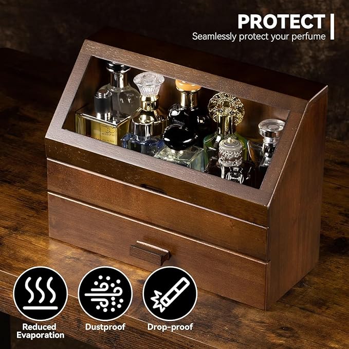 Miratino Cologne Organizer for Men - Dustproof Stand with Drawer, Wood Perfume Stand Organizer for Dresser, Large Capacity Cologne Holder Display, Great Gift for Men
