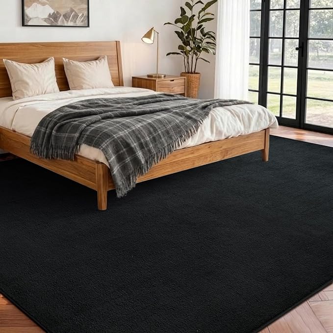 FinRèc 6x9 Washable Area Rugs for Bedroom Living Room, Low Pile Thin Rug Solid Color, Non-Slip Carpet Indoor for Home Decor (Pure Black)
