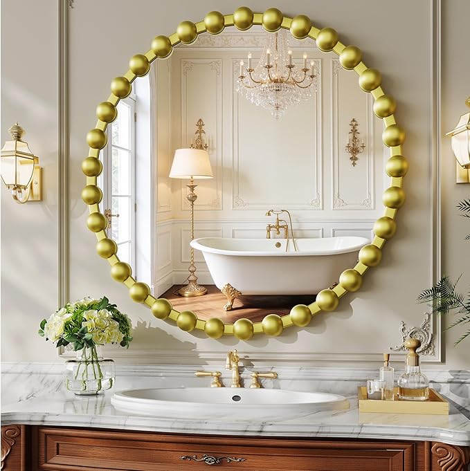 Round Vanity Mirror for Wall, 28 Inch Beaded Frame Circle Mirror for Bedroom Dresser, Bathroom, Entryway, Living Room, Decorative Hanging Wall Mirror, Gold