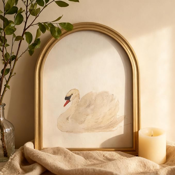 TwoDays Gold Vintage Arched Wood Framed Wall Art – Swan Canvas Picture for Home Aesthetic Wall Decor, Cottagecore Farmhouse Artwork Prints for Living Room, Bedroom (11" x 13.8")