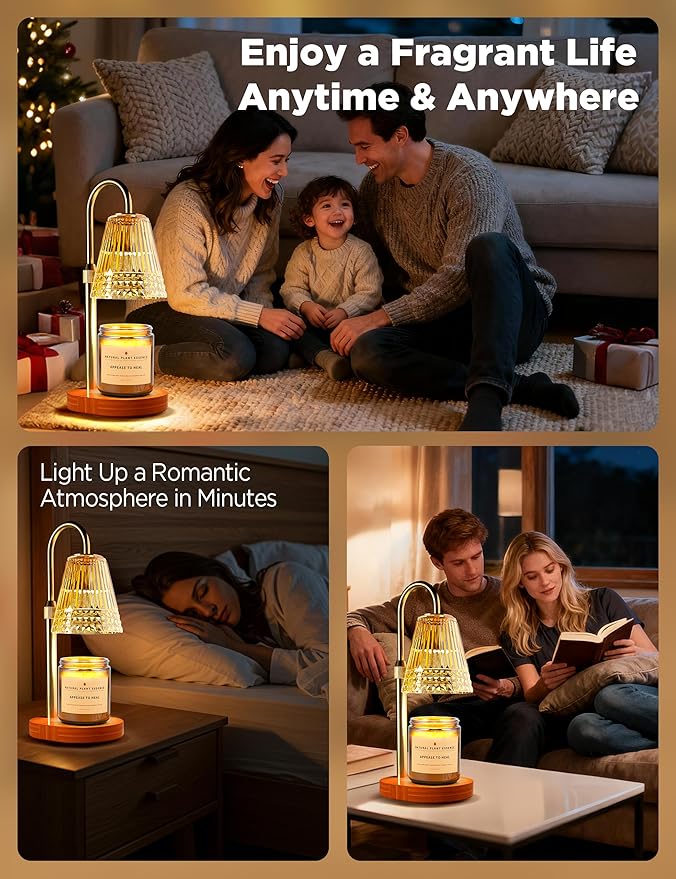 TATAANTY Candle Warmer Lamp with Timer, Wood Base Home Decor Candle Warmers, 4 Lights and 3 Timers. Table Lamp Birthday Gift for Women, Suitable for Room, Bedroom, Offices, and Living Rooms