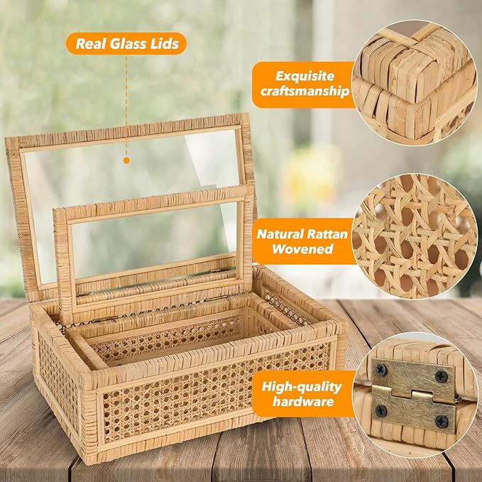 Large Handwoven Boho Rattan Display Boxes with Glass Lids - Set of 2 Rectangular Decorative Storage Bins - Natural Woven Cane Home Decor Organizers (15.55" x 9.64" x 5.9" & 12.48" x 6.88" x 4.52")