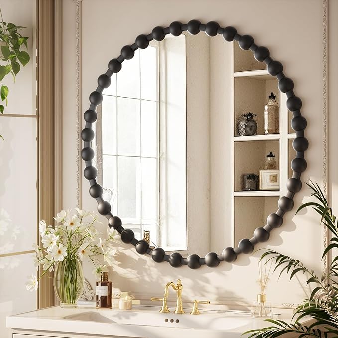 Easly Round Mirror for Wall, 32 Inch Black Beaded Frame Decorative Vanity Mirror, Circle Bathroom Mirror with High-Definition Lense, Modern Wall Decor for Bathroom, Living Room, Bedroom, Entryway