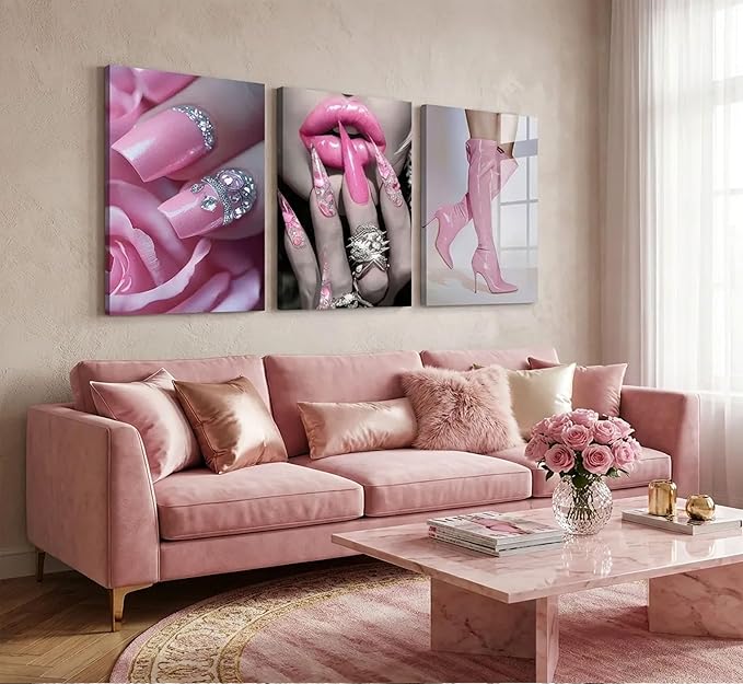 3Pcs Fashion Pink Women Canvas Wall Art Glam Funky Maiden High Heel Pictures Wall Decor Elegant Dreamy Lips Pink Posters Prints Paintings for Living Room Bedroom Home Decoration Prepare To Hang