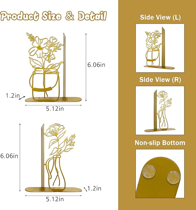 Metal Flower Vase Book Ends, Cute Book Ends for Office Home Decor Decorative Book Ends for Shelves, Ideal Gift for Book Lovers(Gold)