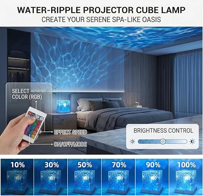 Rechargeable Ocean Wave Projector Light, 16 Color Changeable & Dimmable Shower Lamp with Remote, Cube Mood Ambient Lighting, Ocean Room Decor, Cordless Night Light for Bathroom, Room Decor