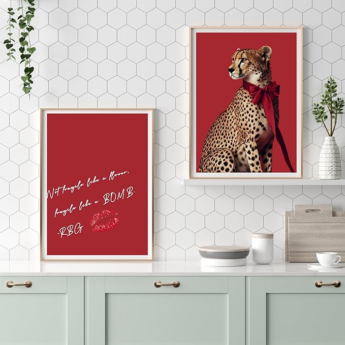 Eastern Print Trendy Red Leopard Wall Art, Set of 6 Cheetah Print Posters, Fashion & Empowerment Decor for Women’s Room, Girl Boss Bedroom Gallery Aesthetic, Unframed (8x10 inch)
