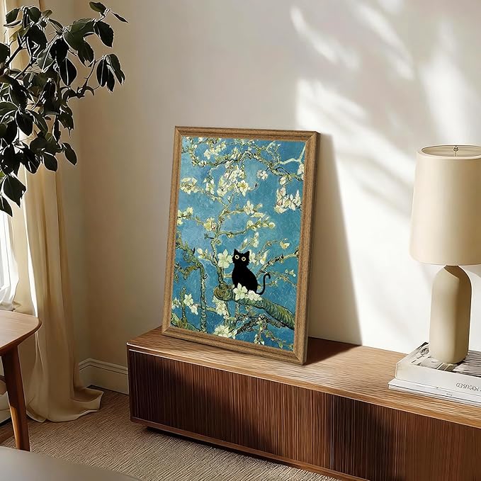 Fantasy Artists Van Gogh's Almond Blossom Funny Black Cat Canvas Wall Art, Oil Painting Posters Home Decor, Vintage Abstract Aesthetic Wall Decorations for Living Room Bedroom, 20'' x 30''
