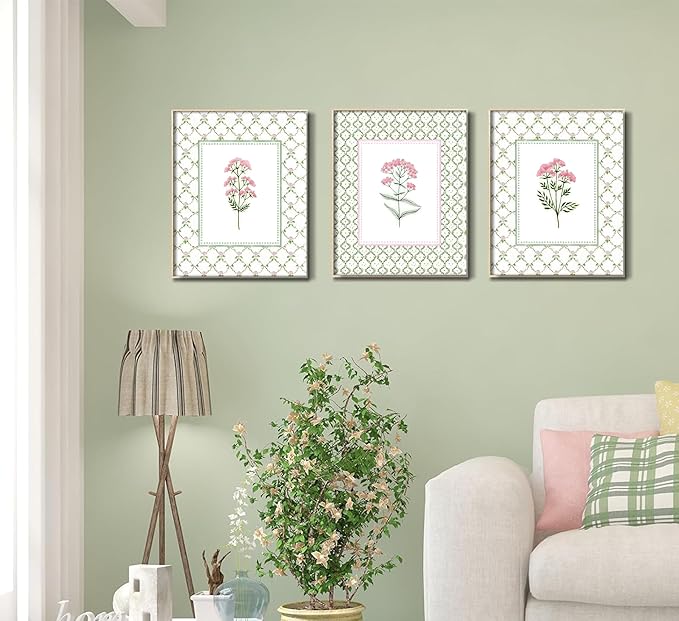 3Pcs Pink Green Floral Wall Art Wildflower Baby Room Painting Picture Wall Decor Pastel Botanical Poster Print Artwork for Bedroom Living Room Girls Bedroom Nursery Dining Room Home Decoration
