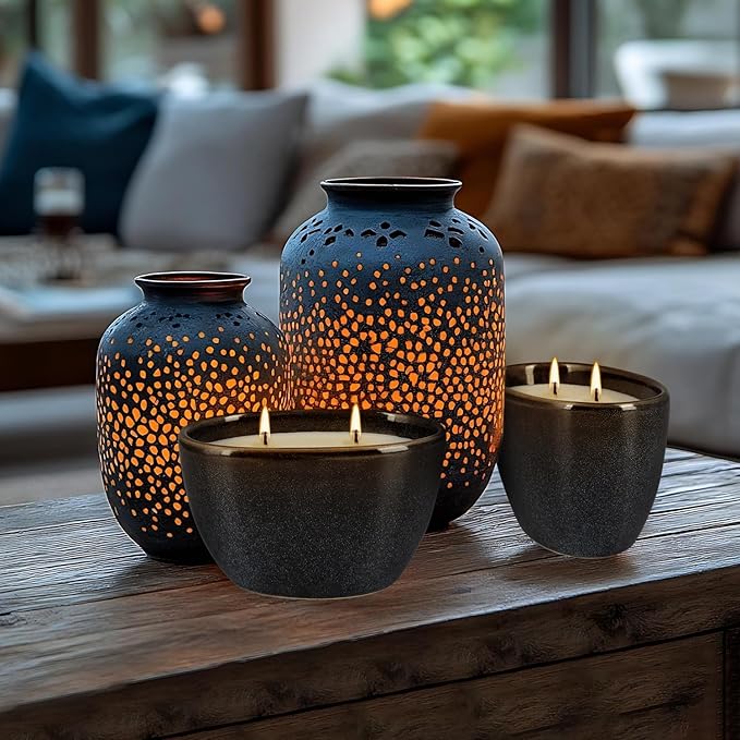 2-Pack Black Ceramic Citronella Scented Candles – Dual-Wick, All-Natural Wax, Decorative Geometric Design for Indoor/Outdoor Ambiance