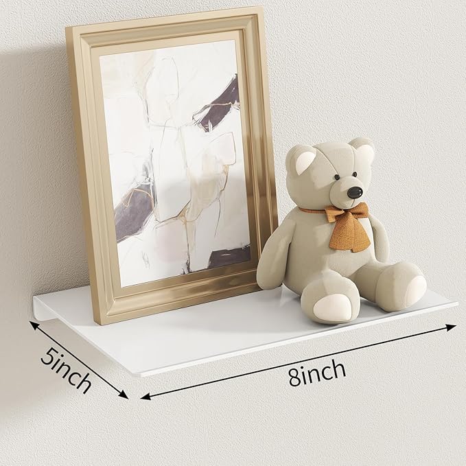 MKO 8" Small Floating Shelves for Wall, Metal Wall Mounted Shelf for Bathroom, Bedroom, Living Room, Kitchen, Little Hanging Shelves for Books/Storage/Room Decor 2 Packs, White