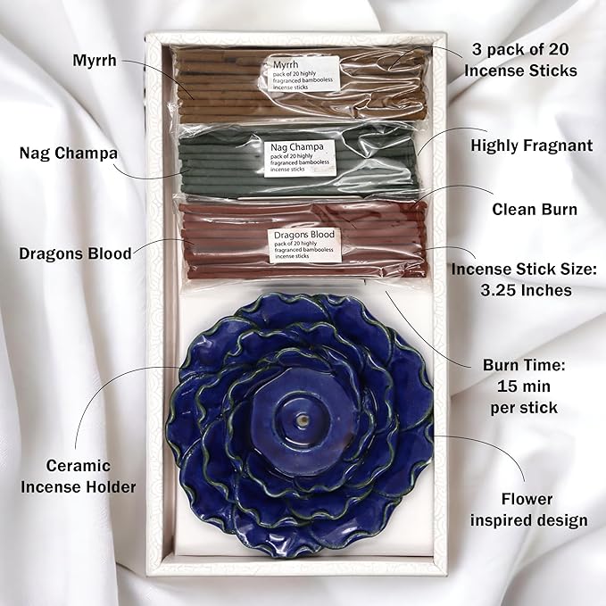 Hosley Incense Sticks Gift Set with Includes 60 Incense Sticks & Ceramic Holder - Perfect Bathroom Set for Home, Weddings, Meditation, Spa, Bathroom Use