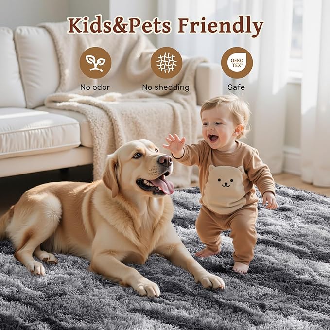 Area Rugs for Living Room 8x10 Feet, Soft Fluffy Shagg Plush Bedroom Rug Non-Slip,Large Carpet for Nursery Kids Dorm Home Decor Black and Silver