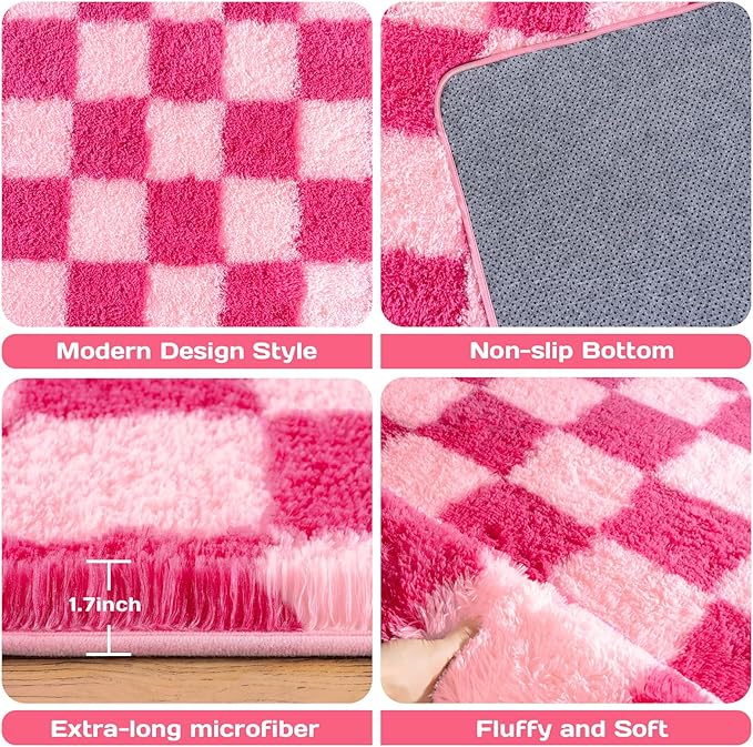 Checkered Rugs for Living Room 6x9, Ultra Soft Fluffy Rug for Bedroom, Modern Shaggy Carpets Rug for Girls Boys Room Home Indoor Nursery Teens Dorm Decor, Upgrade Non-Slip Durable, Pink and Hot Pink