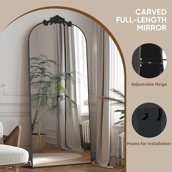 Antok Arched Full Length Mirror, 58"x18" Floor Mirror with Carved, Full Body Mirrors for HomeDecor, Standing/Halling Large Wall Mirror for Bedroom, Living Room, Cloakroom, Black, Retro Style