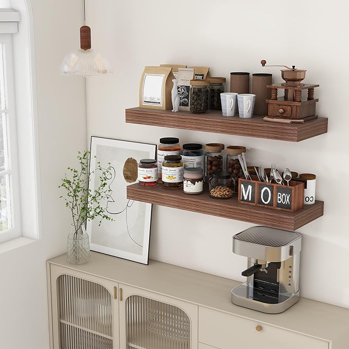 FLYJOE Deep Floating Shelves | 36 Inch Walnut Floating Shelves Set of 2 | 12 Inch Deep Rustic Wood Shelves for Wall | 36" W x 12" D Walnut Shelves for Living Room Bathroom Laundry Room Kitchen