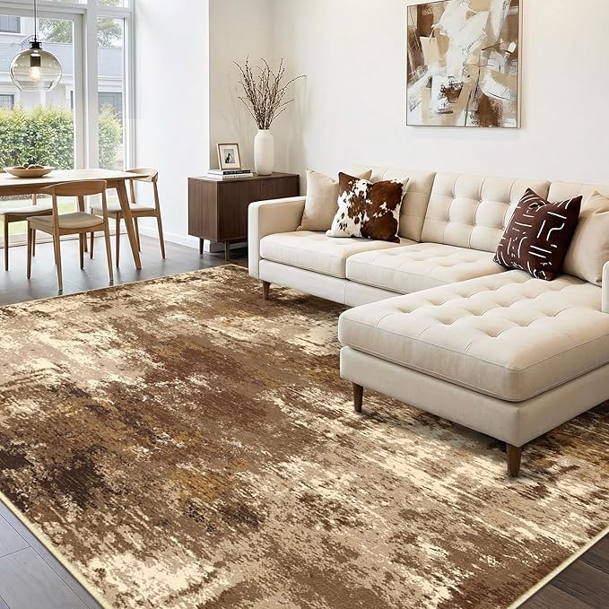 RELEANY Washable Area Rugs 9'x12' Non-Slip Modern Abstract Soft for Living Room Entryway Bedroom Nursery, Print Pattern, Brown Tan Beige Coffee