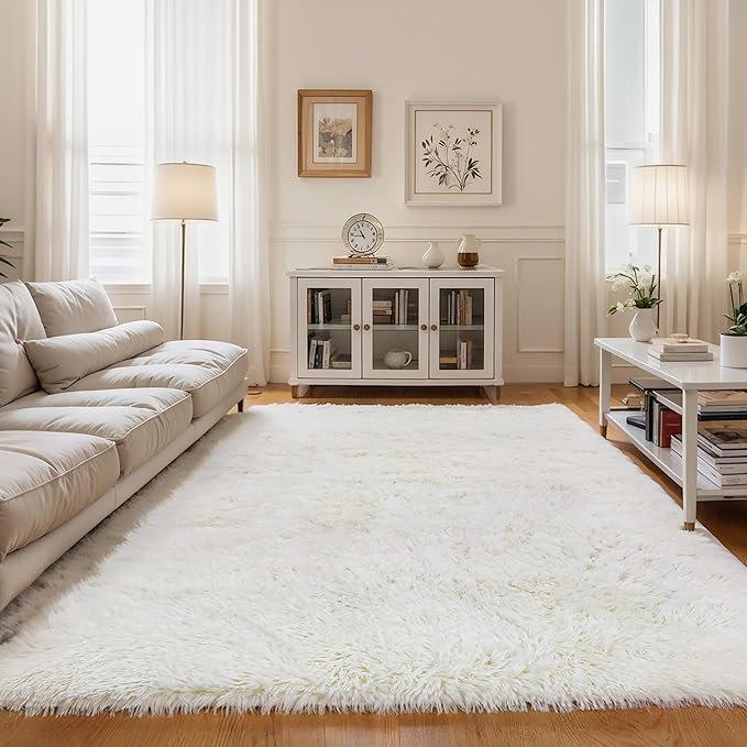KCHOWUA Cream White Fluffy Area Rugs for Bedroom, 6x9 Machine Washable Plush Furry Fuzzy Rug for Living Room, Modern Soft Shag Shaggy Carpet for Kids Boy Girls Dorm Room Nursery,Ivory