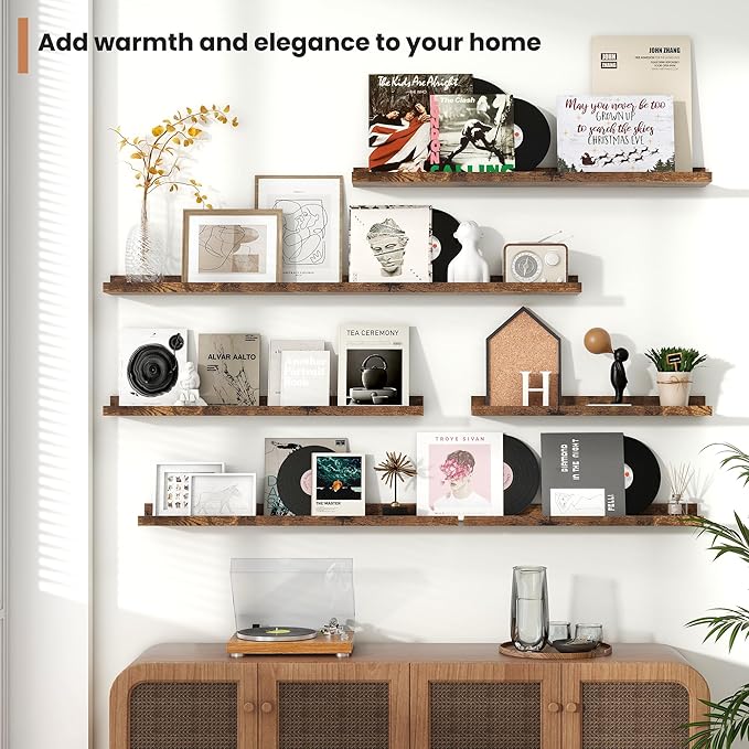 Fun Memories Picture Ledge Shelves Set of 2, 24 Inch Rustic Wall Mounted Floating Shelves with Lip for Home Storage and Décor in Bathroom, Kitchen, Nursery, Bedroom, Living Room, Brown