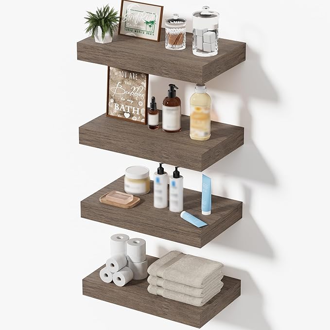Floating Shelves for Wall, Bathroom Shelves Over Toilet, Wall Shelves & Book Shelf, Hanging Shelf, Modern Wooden Wall-Mounted Small Floating Shelves, 12x7x1.5 in (Smoke Gray, Set of 4)