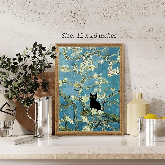 Fantasy Artists Van Gogh's Almond Blossom Funny Black Cat Canvas Wall Art, Oil Painting Posters Home Decor, Vintage Abstract Aesthetic Wall Decorations for Living Room Bedroom, 12'' x 16''