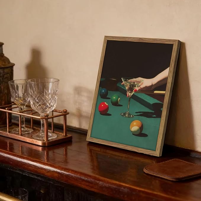 Vintage Cocktail Wall Art, Funky Martini Glass Billiards Canvas Wall Decor Painting, Trendy Y2k Aesthetic Bar Artwork Prints Pictures for Living Room Home Bar Lounge 12x16 Inch Wood Framed