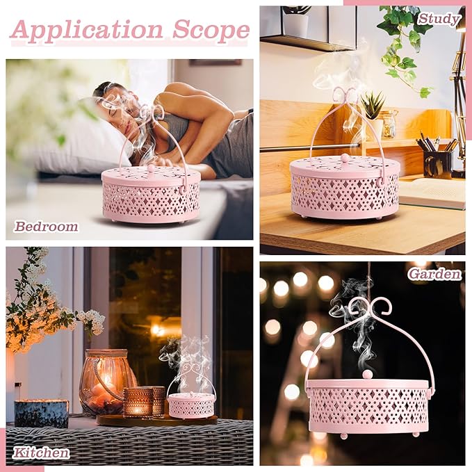 4 Pieces Mosquito Coil Holder Incense Coil Holder Round Retro Portable Metal Hanging Incense Burner with Handle for Home Camping Indoor Outdoor Patio(Pink)