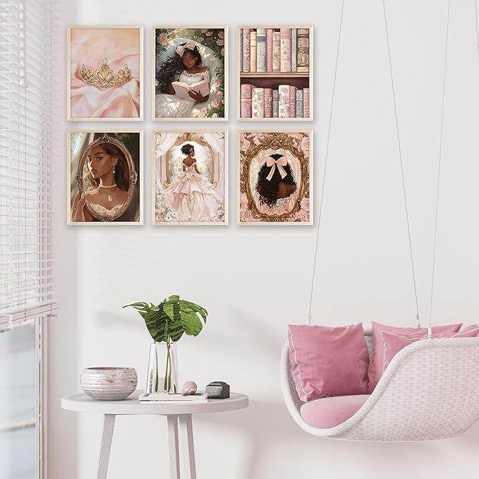 Eastern Print 6 Pieces African American Wall Art, Cute Black Princess Room Decor For Girls Bedroom, Black Girl Posters For Room Aesthetic, Black Women Poster For Room Aesthetic, Unframed 8x10 Inches