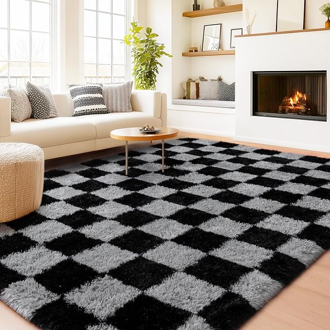 Checkered Rugs for Living Room Bedroom, 5x7 Area Rugs for Living Room, Modern Shaggy Carpets Fuzzy Rug for Boys Girls Dorm Nursery Home Decor Aesthetic, Upgrade Non-Slip Durable, Dark Grey