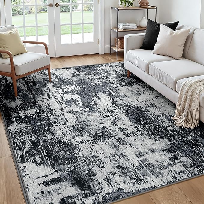 RELEANY Washable Area Rugs Square 7ft Non-Slip Modern Abstract Soft for Living Room Entryway Bedroom Nursery, Print Pattern, Black Navy Blue Gray
