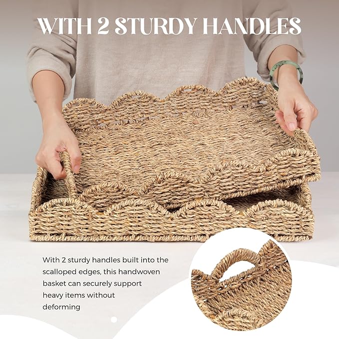 Scalloped Seagrass Tray, Hand-Woven Wicker Storage Baskets with Scalloped Edge and Handles (17x13x3 inch) Rectangular Handwoven Trays, Seagrass Basket for with Built-in Handles, 2 Pack (Dark Brown)