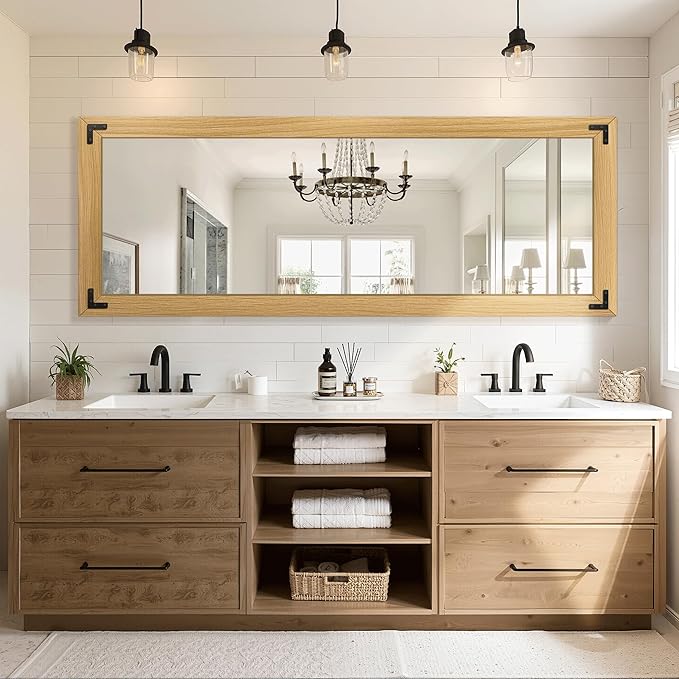 TRAHOME Full Length Mirror with Wooden Frame, 65"X24" Solid Wood Standing Floor Mirror for Farmhouse, Bathroom, Bedroom, Hanging or Leaning Wall-Mounted(Natural)