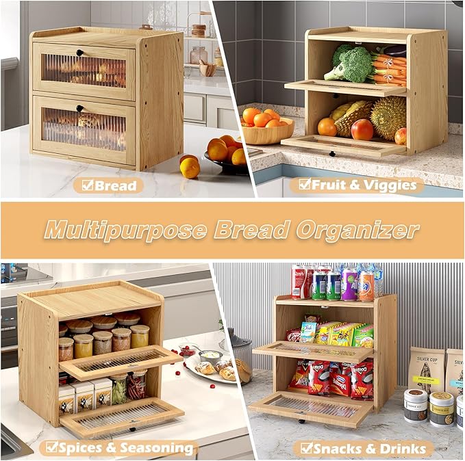 Alpeir Double Layer Large Bread Box for Kitchen Counter, Wooden Corner Bread Storage Container with Acrylic Window, Original