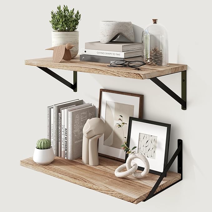 Marsmiles 12 Inch Deep Floating Shelves | 24 Inch Light Wood Wall Shelves Set of 2 - Rustic Wooden Floating Shelves for Living Room Bedroom Bathroom